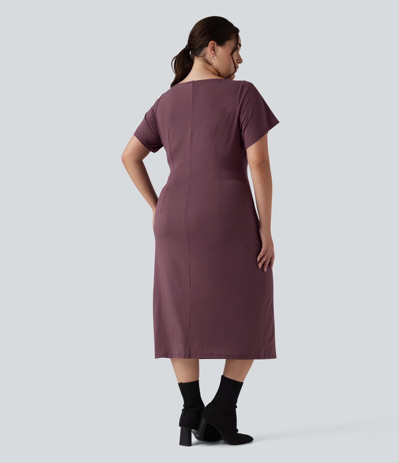 Short Sleeve Ruched Split Bodycon Midi Work Plus Size Dress