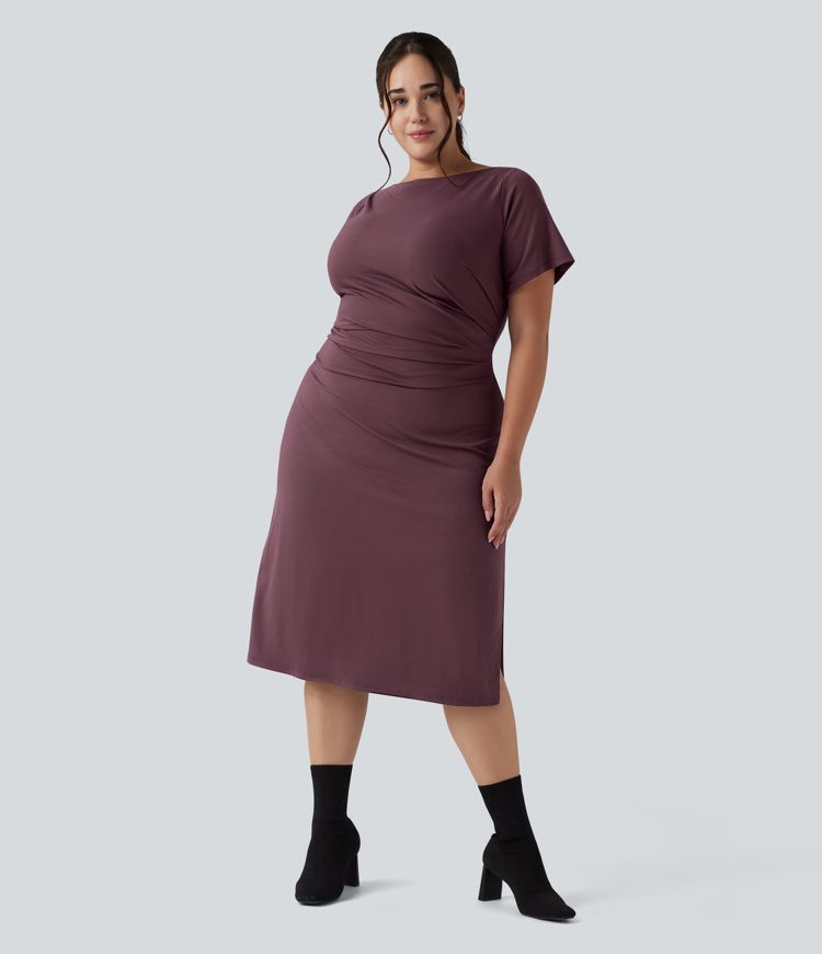 Short Sleeve Ruched Split Bodycon Midi Work Plus Size Dress