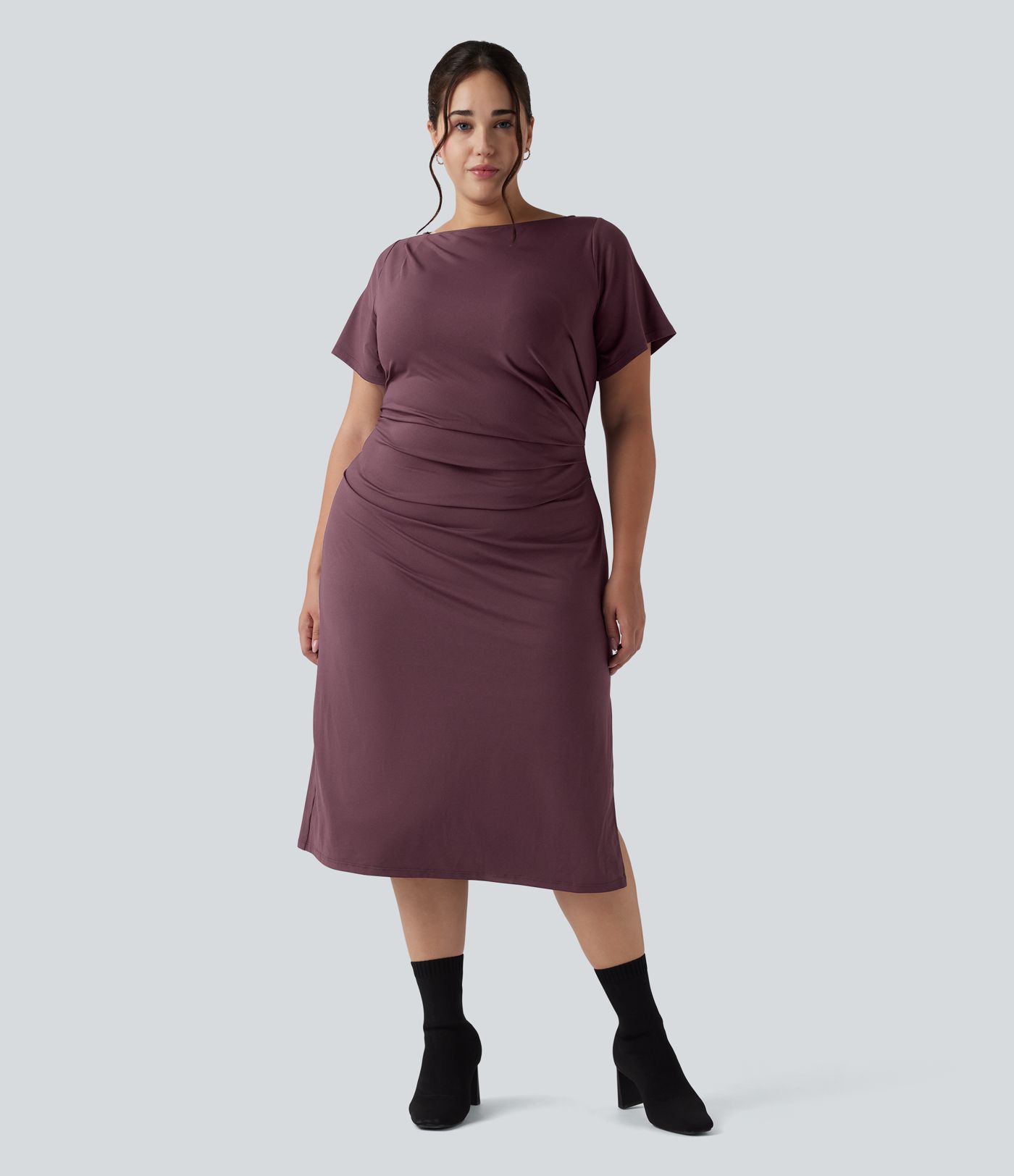 Short Sleeve Ruched Split Bodycon Midi Work Plus Size Dress