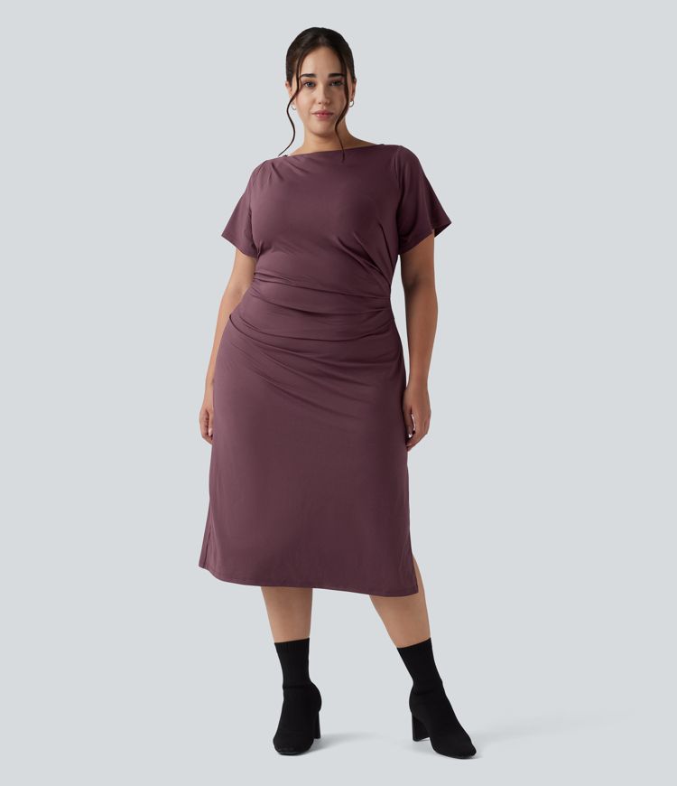 Short Sleeve Ruched Split Bodycon Midi Work Plus Size Dress