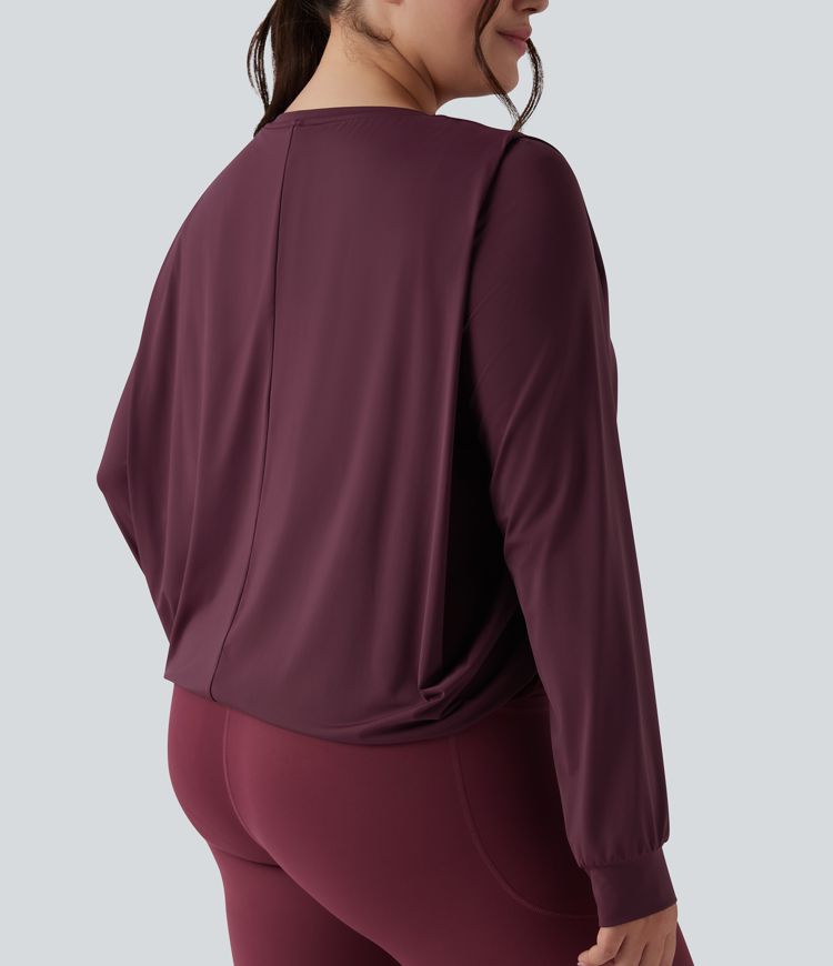 Gerafftes Yoga-Sport-Top mit Rundhalsausschnitt und langen Ärmeln - Plus-Size, UPF50+