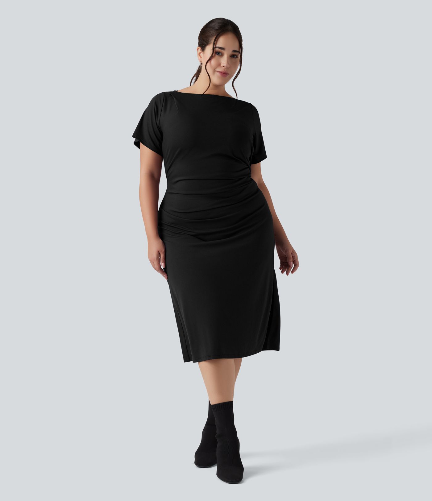 Short Sleeve Ruched Split Bodycon Midi Work Plus Size Dress