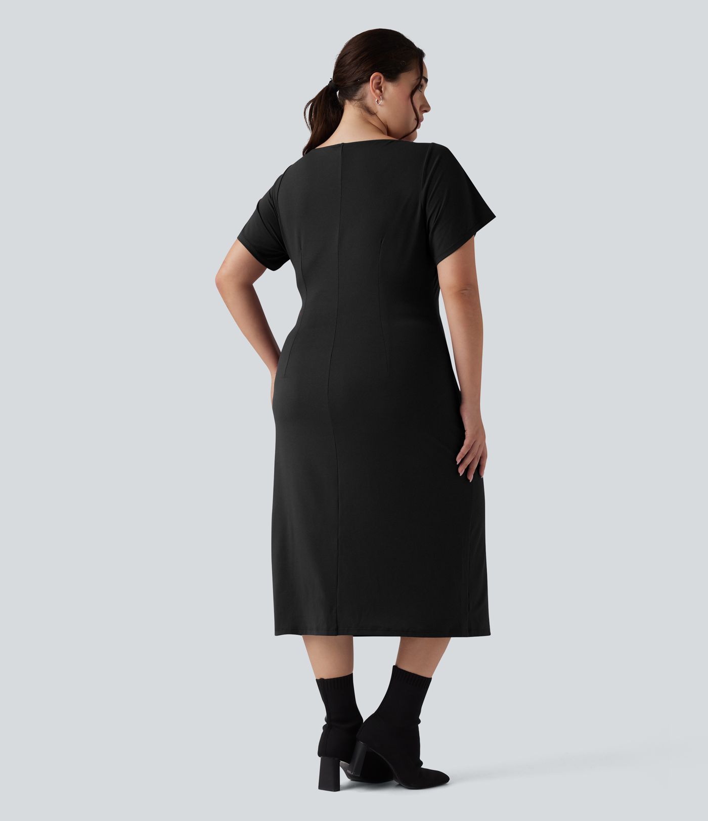 Short Sleeve Ruched Split Bodycon Midi Work Plus Size Dress