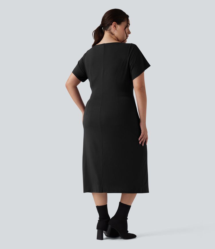 Short Sleeve Ruched Split Bodycon Midi Work Plus Size Dress