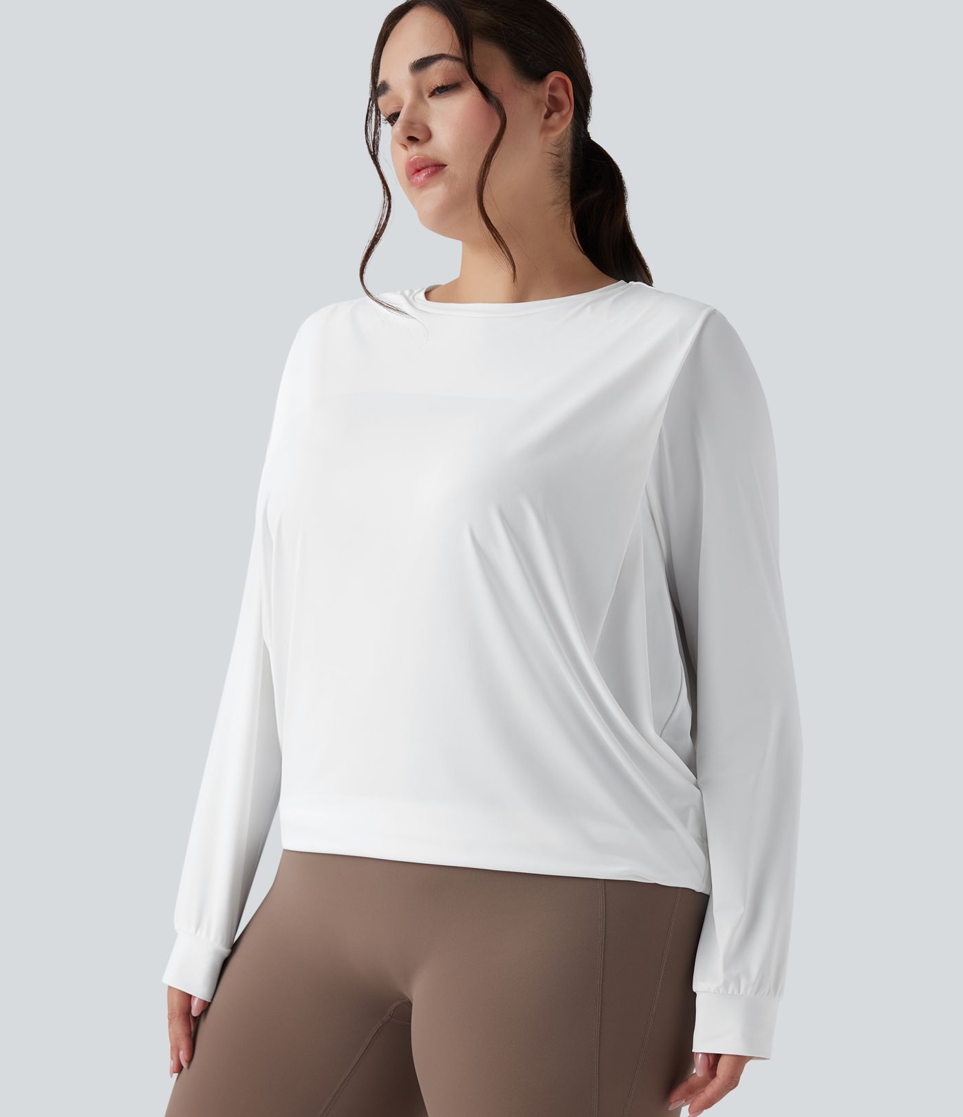 Round Neck Long Sleeve Ruched Yoga Plus Size Sports Top-UPF50+