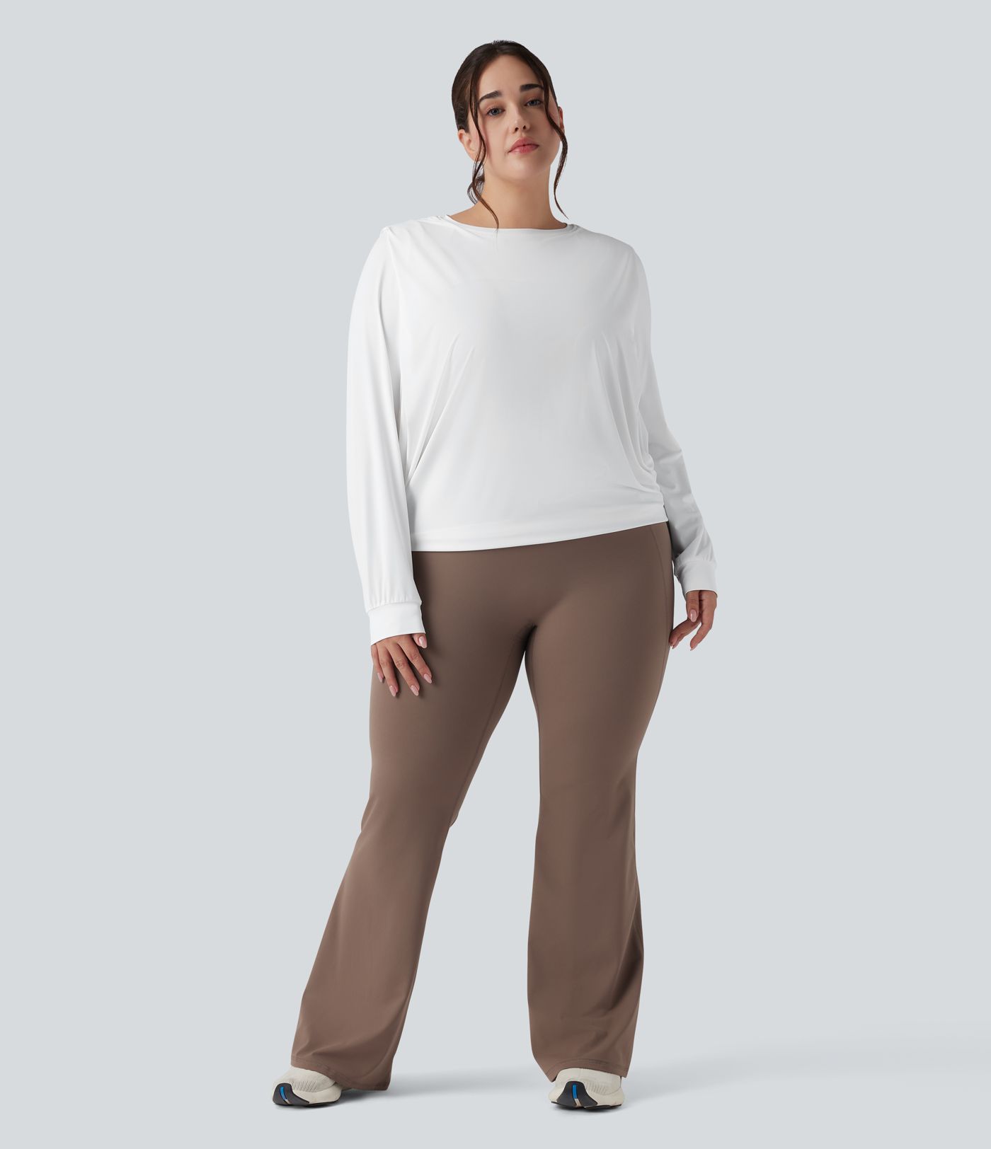 Round Neck Long Sleeve Ruched Yoga Plus Size Sports Top-UPF50+