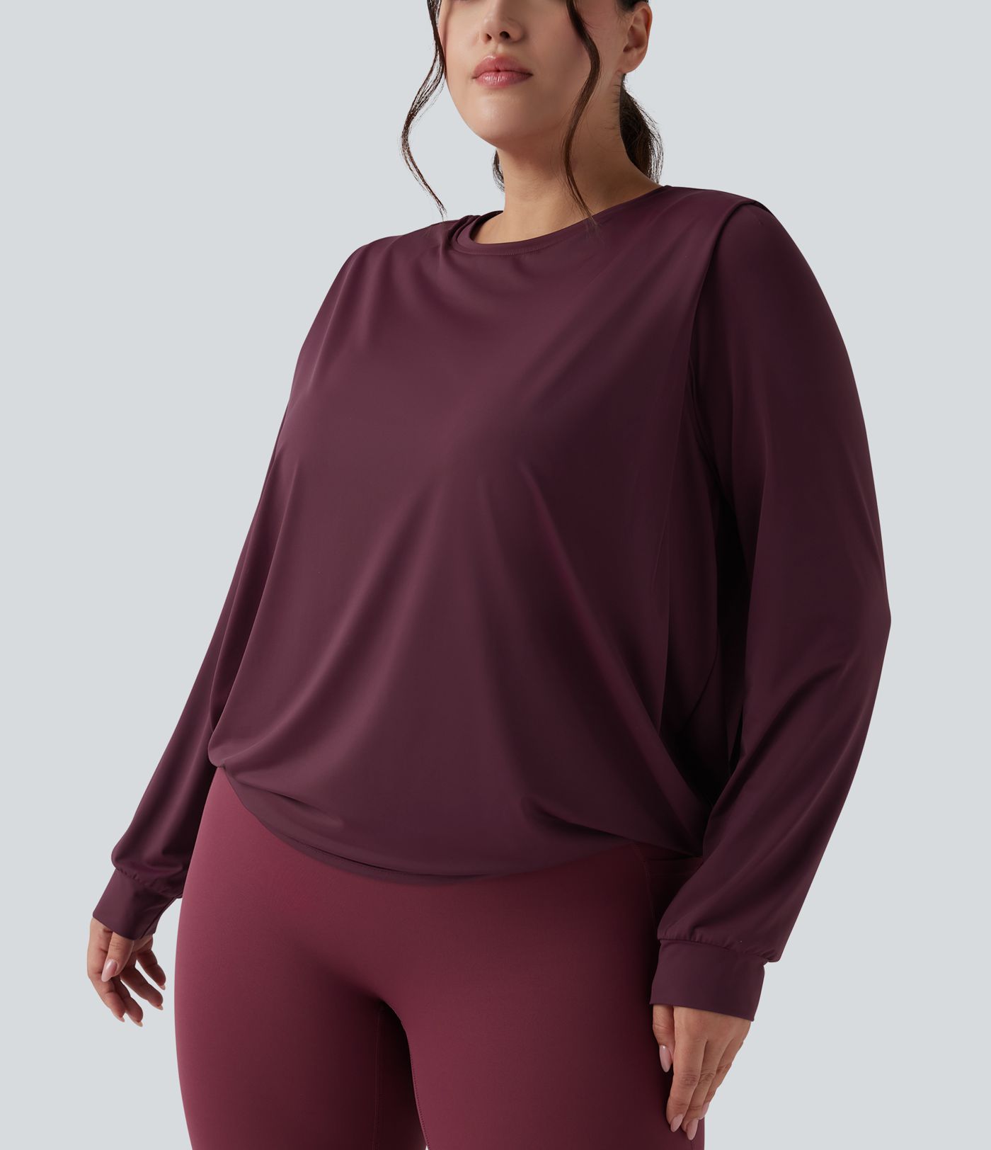 Gerafftes Yoga-Sport-Top mit Rundhalsausschnitt und langen Ärmeln - Plus-Size, UPF50+