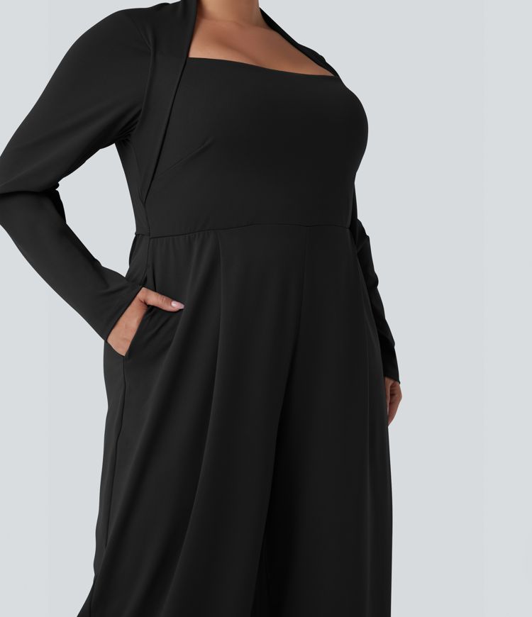 Plus Size Long Sleeve Wide Leg Jumpsuit with Pockets-Easy Peezy Edition