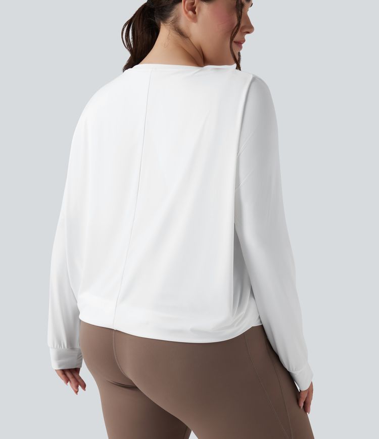 Round Neck Long Sleeve Ruched Yoga Plus Size Sports Top-UPF50+