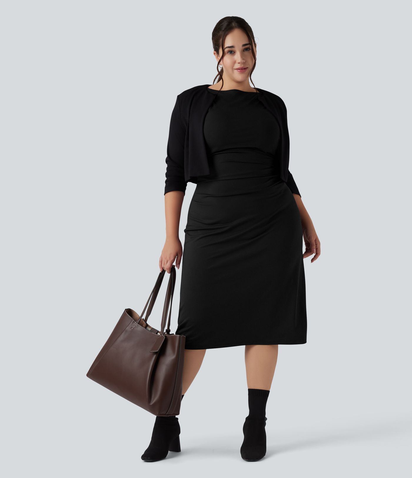 Short Sleeve Ruched Split Bodycon Midi Work Plus Size Dress