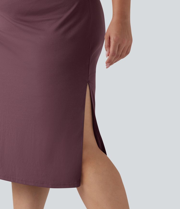 Short Sleeve Ruched Split Bodycon Midi Work Plus Size Dress