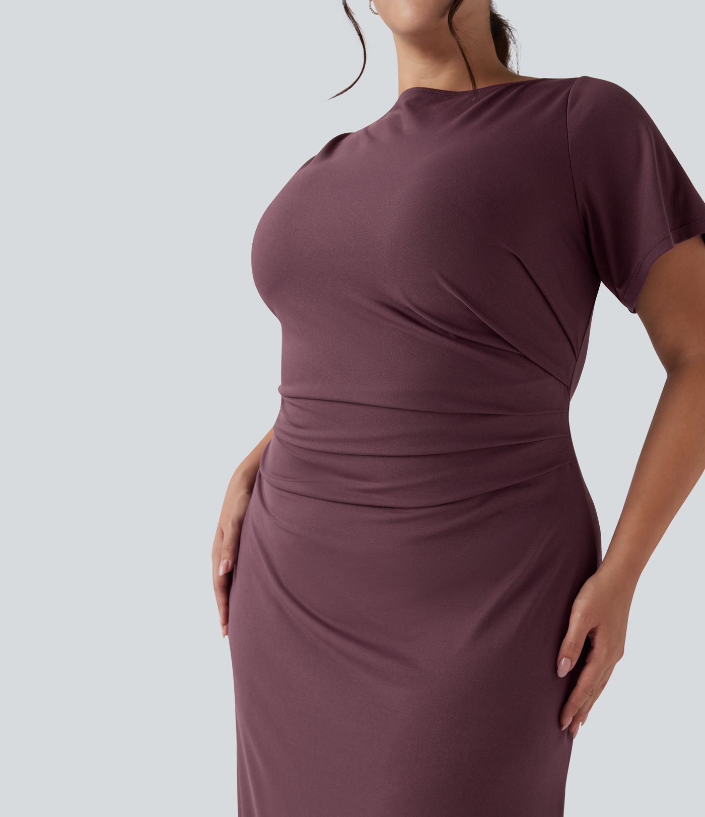 Short Sleeve Ruched Split Bodycon Midi Work Plus Size Dress