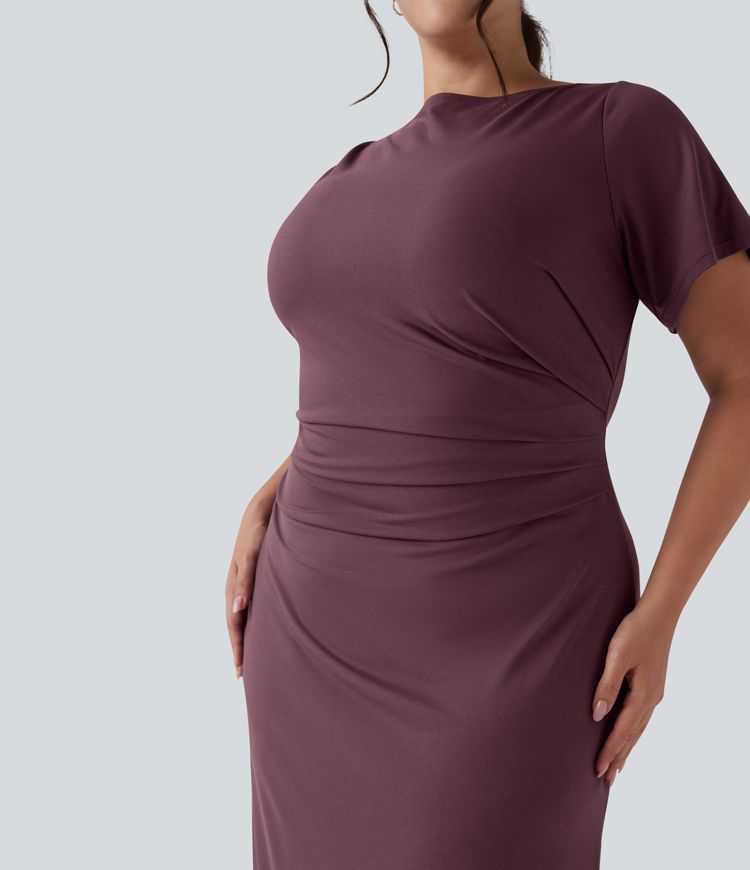 Short Sleeve Ruched Split Bodycon Midi Work Plus Size Dress