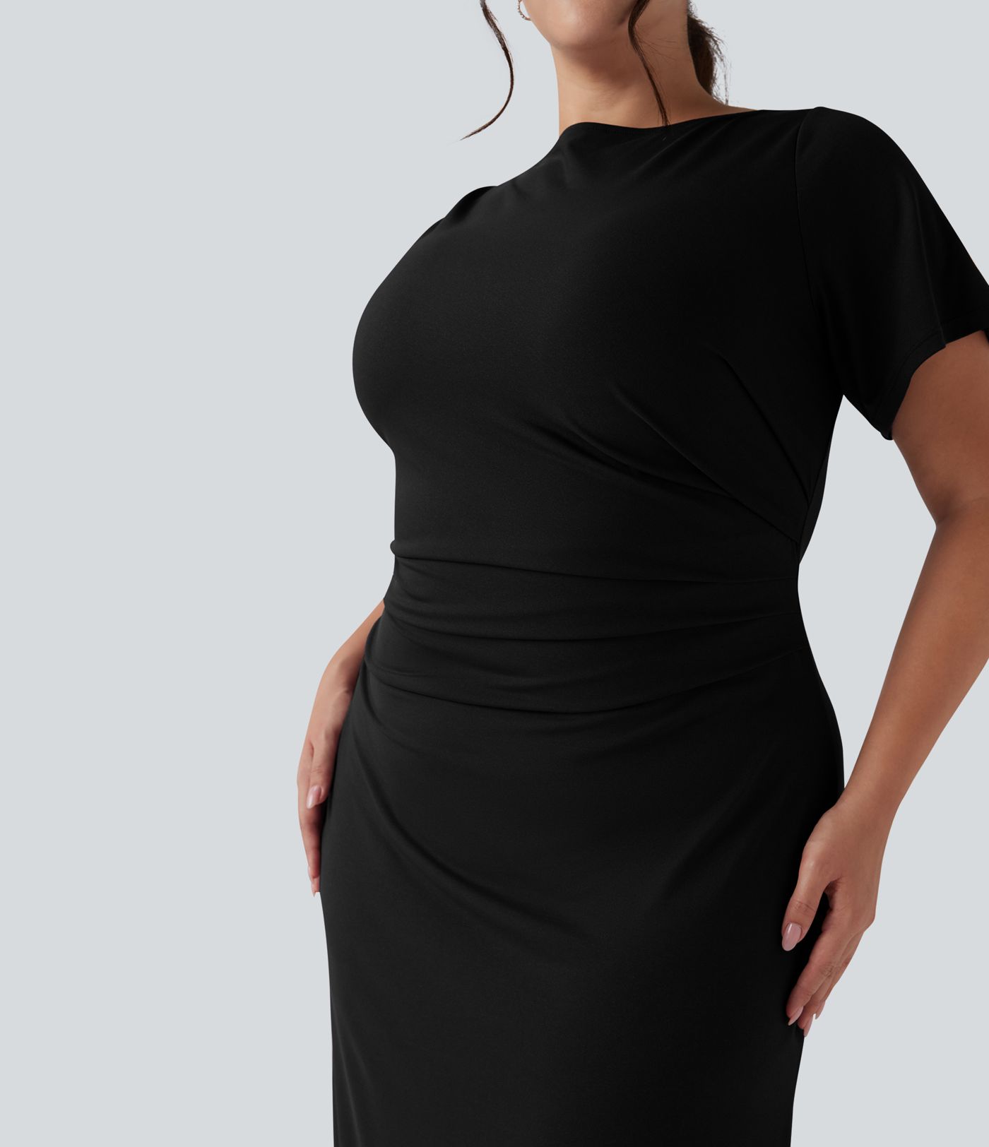 Short Sleeve Ruched Split Bodycon Midi Work Plus Size Dress