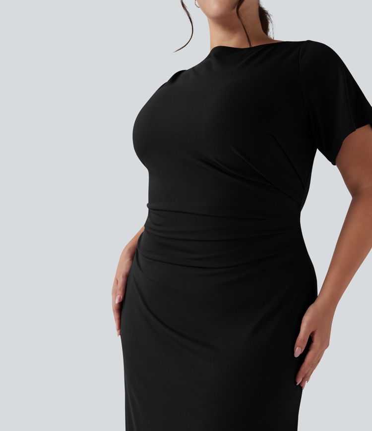 Short Sleeve Ruched Split Bodycon Midi Work Plus Size Dress