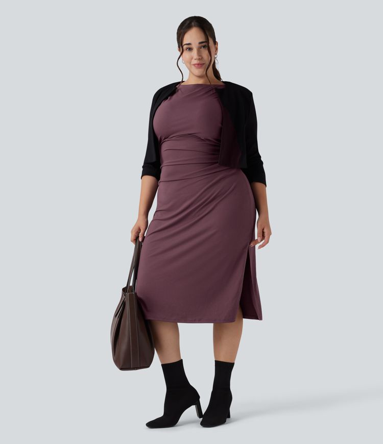 Short Sleeve Ruched Split Bodycon Midi Work Plus Size Dress