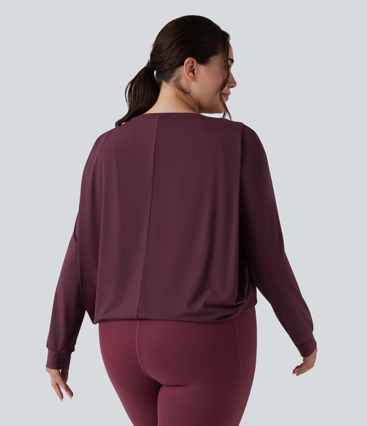 Gerafftes Yoga-Sport-Top mit Rundhalsausschnitt und langen Ärmeln - Plus-Size, UPF50+