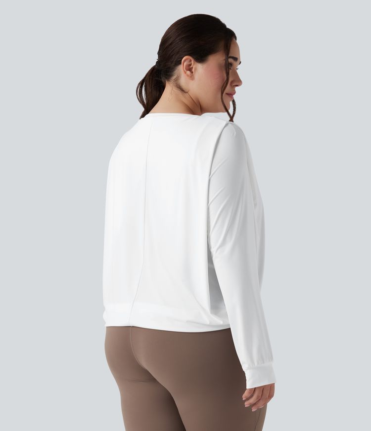 Round Neck Long Sleeve Ruched Yoga Plus Size Sports Top-UPF50+