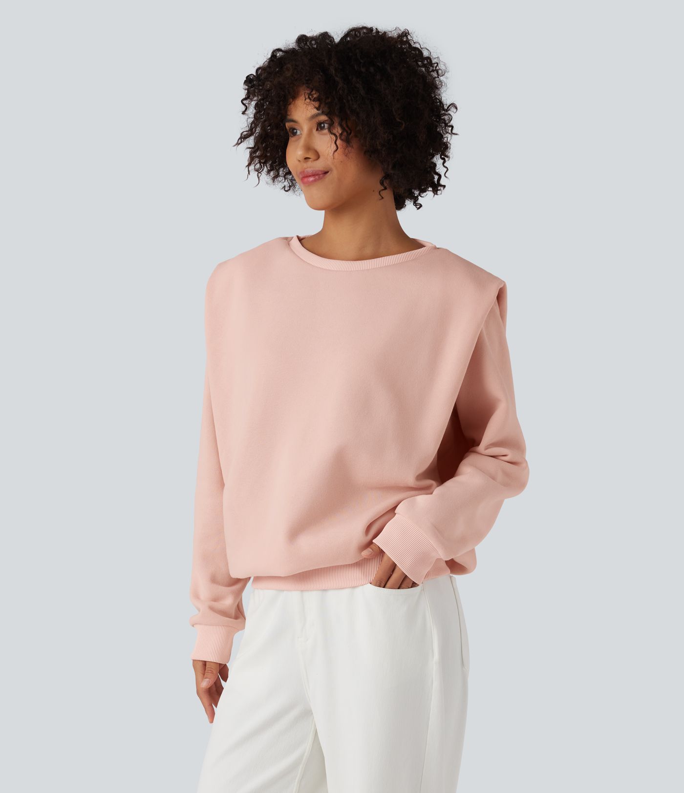 Sweat-shirt décontracté côtelé en polaire à col rond et manches longues