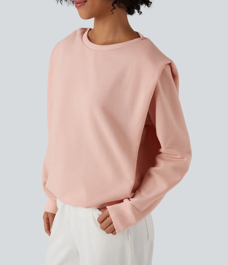 Sweat-shirt décontracté côtelé en polaire à col rond et manches longues