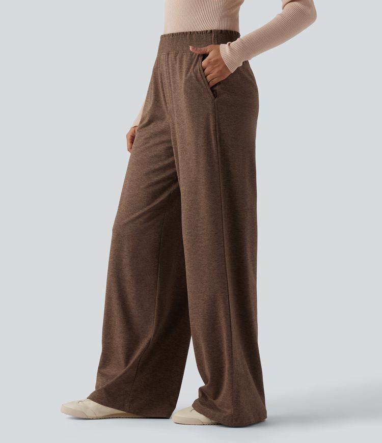 High Waisted Lettuce Trim Quick Dry Heathered Casual Wide Leg Sweatpants with Pockets-UPF40+