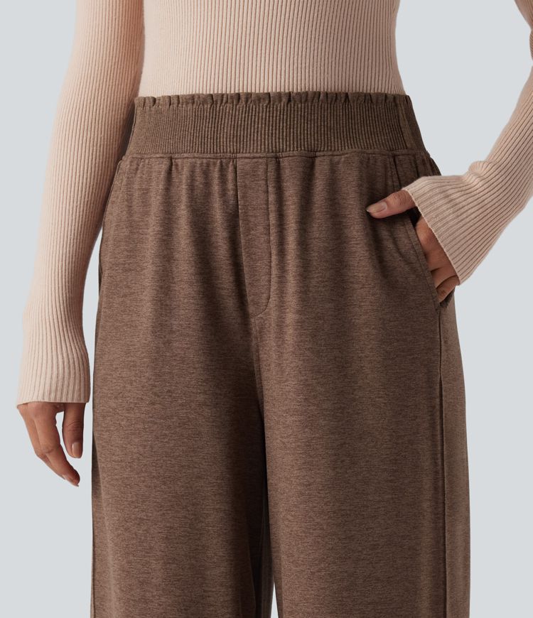 High Waisted Lettuce Trim Quick Dry Heathered Casual Wide Leg Sweatpants with Pockets-UPF40+