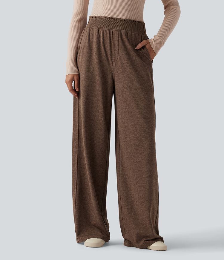 High Waisted Lettuce Trim Quick Dry Heathered Casual Wide Leg Sweatpants with Pockets-UPF40+