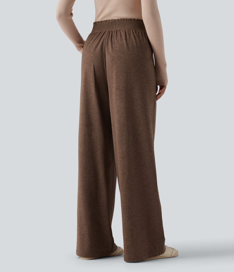High Waisted Lettuce Trim Quick Dry Heathered Casual Wide Leg Sweatpants with Pockets-UPF40+