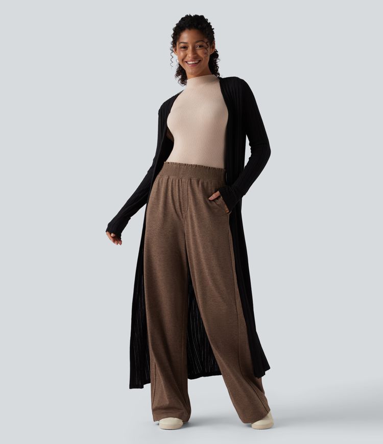 High Waisted Lettuce Trim Quick Dry Heathered Casual Wide Leg Sweatpants with Pockets-UPF40+