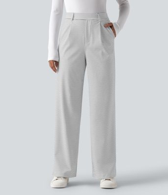 Pruhované pracovní kalhoty s vysokým pasem, rovnými nohavicemi a kapsami