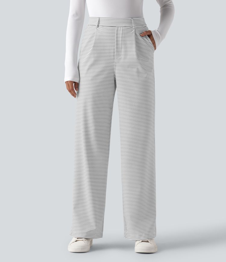 Pruhované pracovní kalhoty s vysokým pasem, rovnými nohavicemi a kapsami