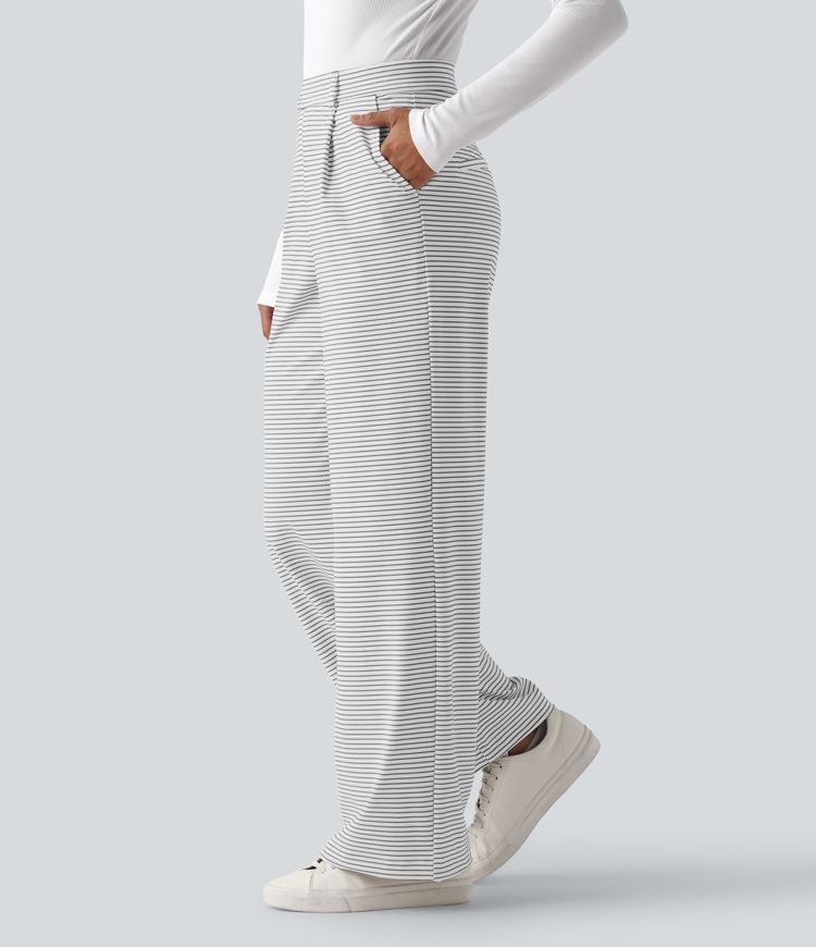 Pruhované pracovní kalhoty s vysokým pasem, rovnými nohavicemi a kapsami