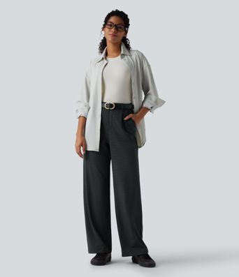 Hoch taillierte, gerade geschnittene, gestreifte Arbeitshosen mit Taschen