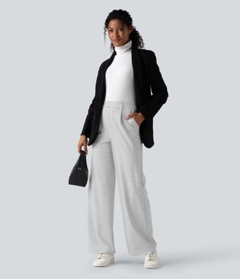 Pruhované pracovní kalhoty s vysokým pasem, rovnými nohavicemi a kapsami