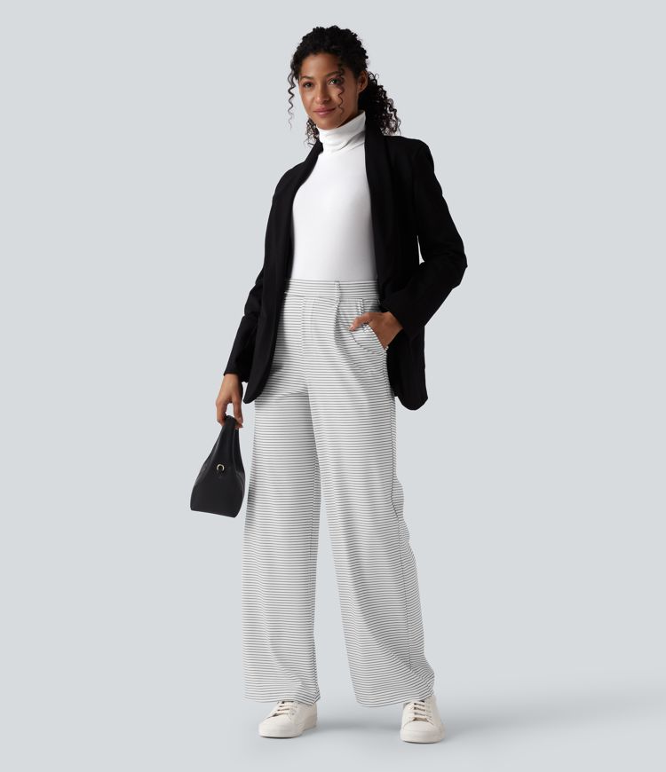 Pruhované pracovní kalhoty s vysokým pasem, rovnými nohavicemi a kapsami