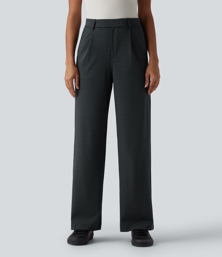 Hoch taillierte, gerade geschnittene, gestreifte Arbeitshosen mit Taschen