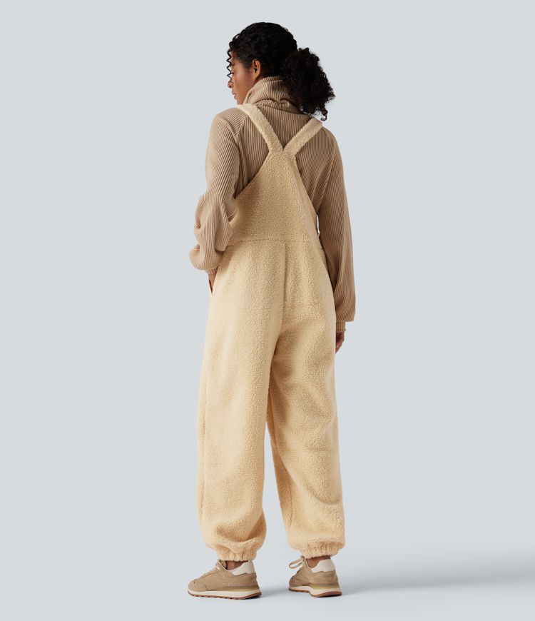 Adjustable Straps Casual Sherpa Overalls with Pockets