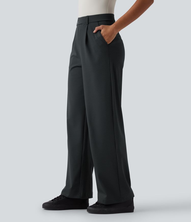 Hoch taillierte, gerade geschnittene, gestreifte Arbeitshosen mit Taschen