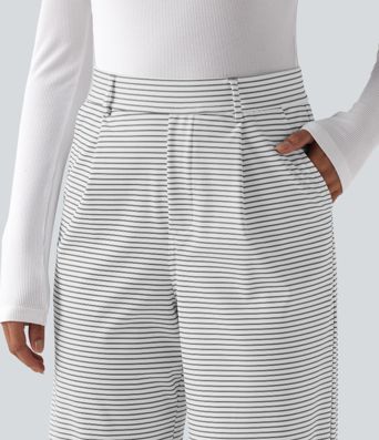 Pruhované pracovní kalhoty s vysokým pasem, rovnými nohavicemi a kapsami