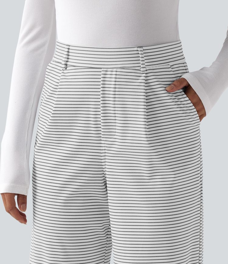 Pruhované pracovní kalhoty s vysokým pasem, rovnými nohavicemi a kapsami