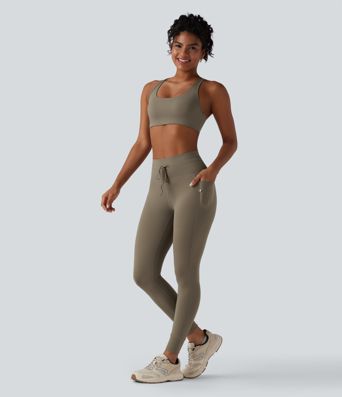 High Waisted Drawstring Plain Yoga 7/8 Leggings with Pockets