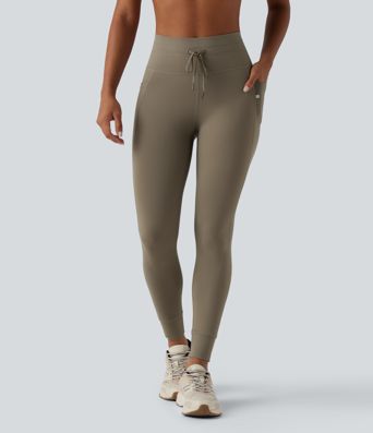 High Waisted Drawstring Plain Yoga 7/8 Leggings with Pockets
