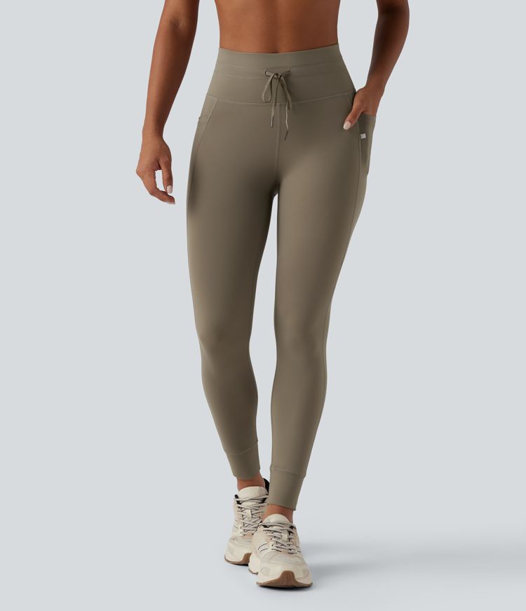 High Waisted Drawstring Plain Yoga 7/8 Leggings with Pockets