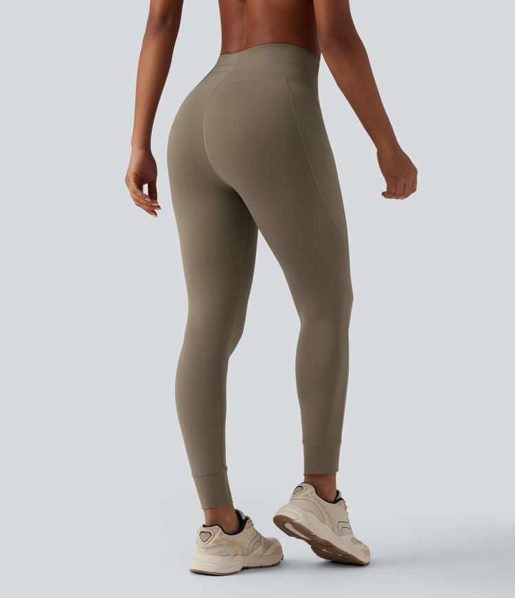 High Waisted Drawstring Plain Yoga 7/8 Leggings with Pockets