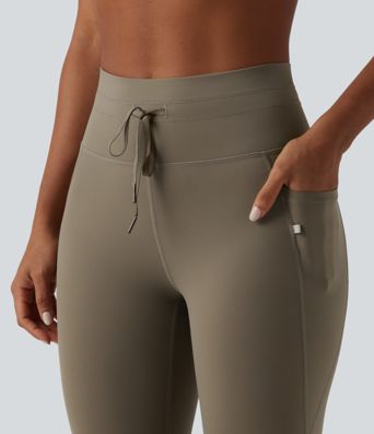 High Waisted Drawstring Plain Yoga 7/8 Leggings with Pockets