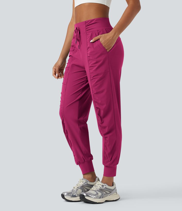 High Waisted Drawstring Ruched Tapered Quick Dry Dance Joggers with Pockets
