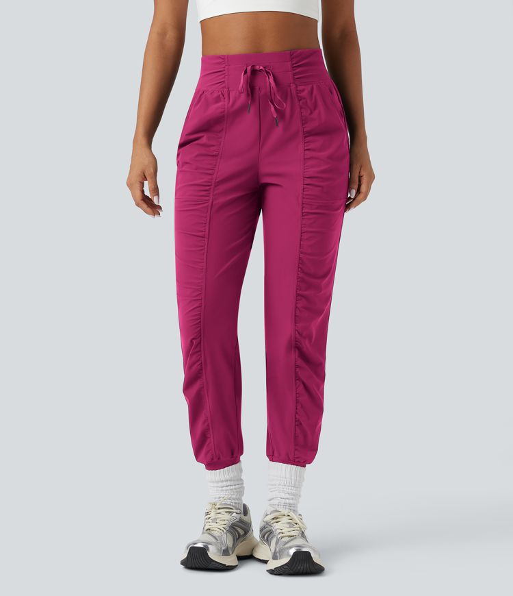 High Waisted Drawstring Ruched Tapered Quick Dry Dance Joggers with Pockets
