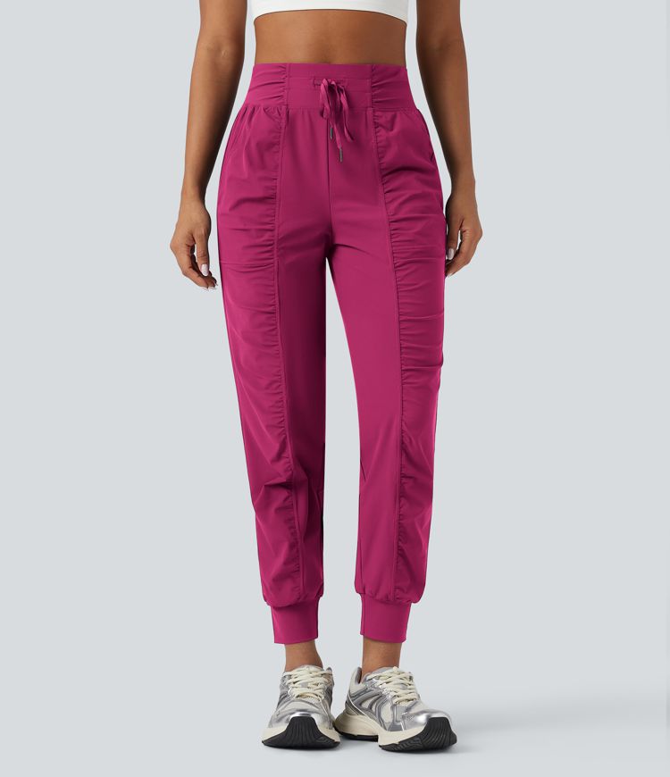 High Waisted Drawstring Ruched Tapered Quick Dry Dance Joggers with Pockets