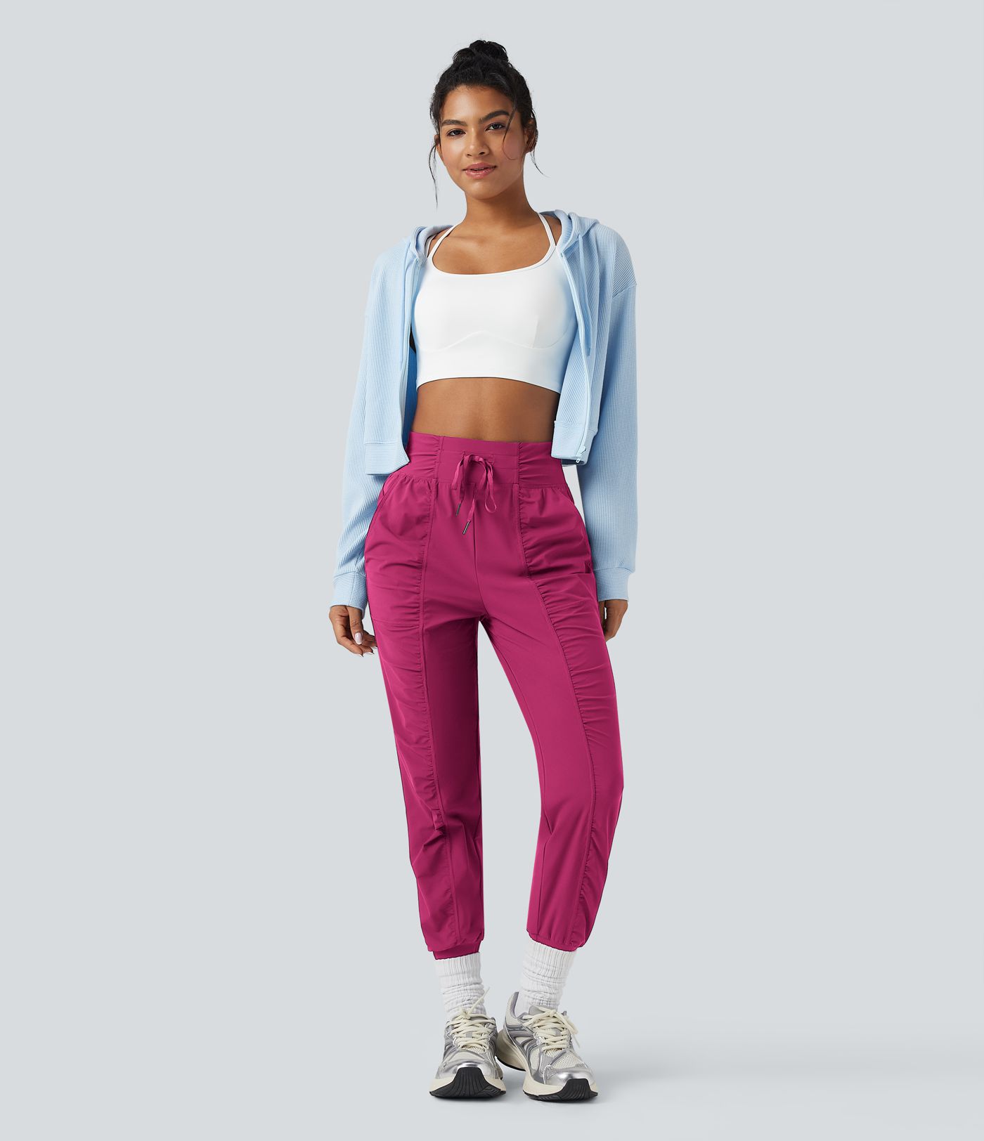 High Waisted Drawstring Ruched Tapered Quick Dry Dance Joggers with Pockets