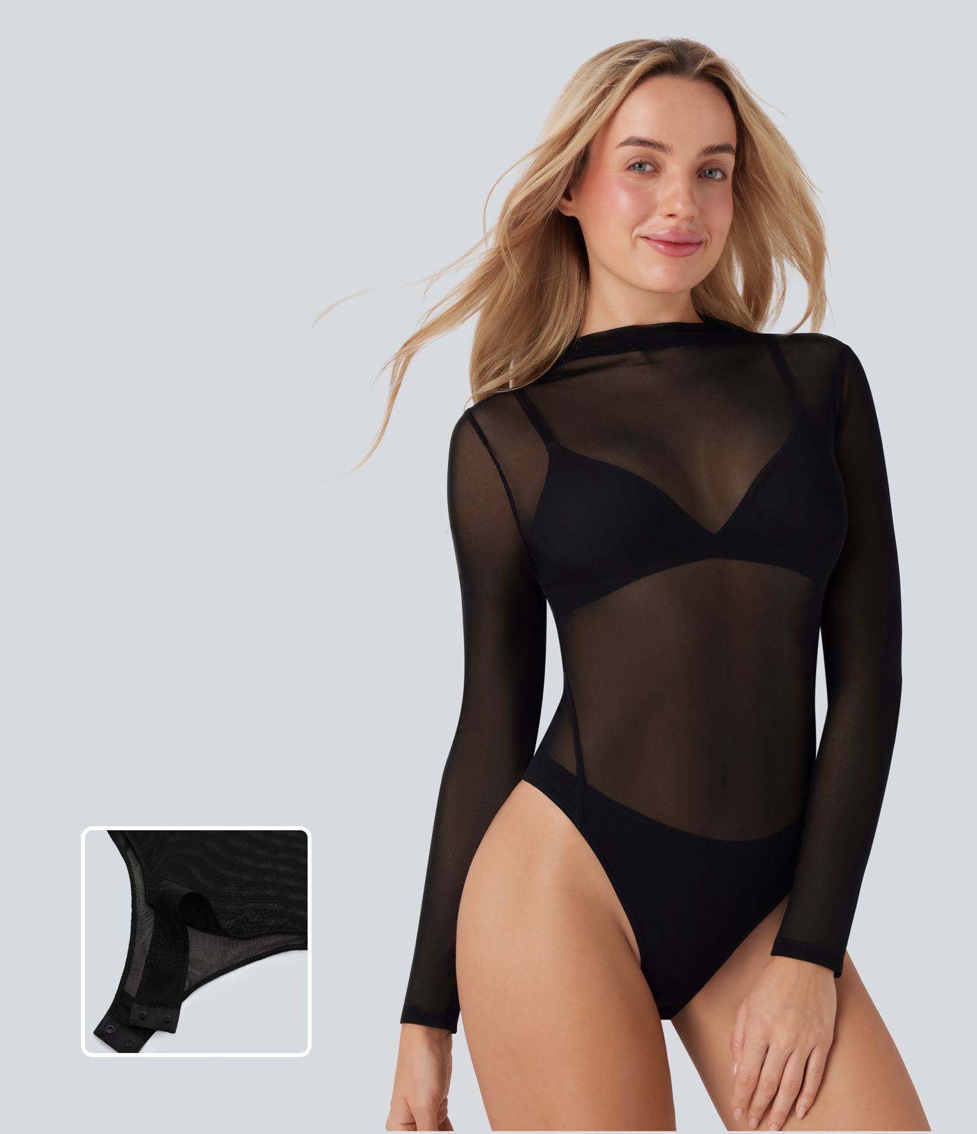 Lässiger Bodysuit aus transparentem Netzstoff mit Stehkragen und Druckknöpfen